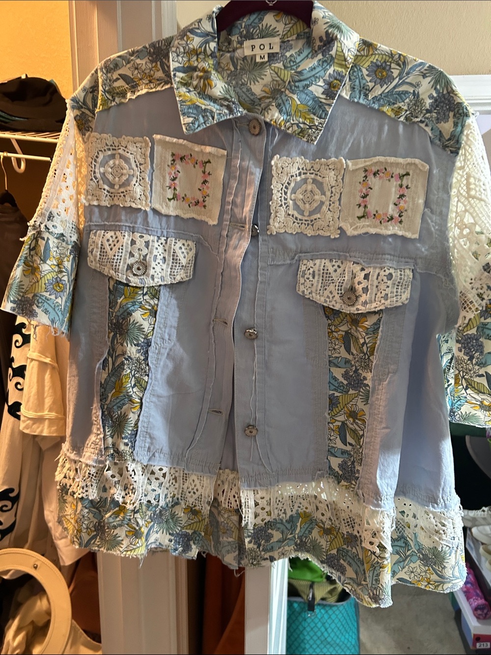POL Light Blue Floral Lace Patchwork Button-Up Shirt